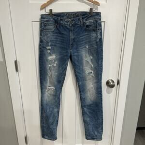 American Eagle Extreme Flex Slim Jeans Men's 33x32 Med Wash Distressed Raw Hem